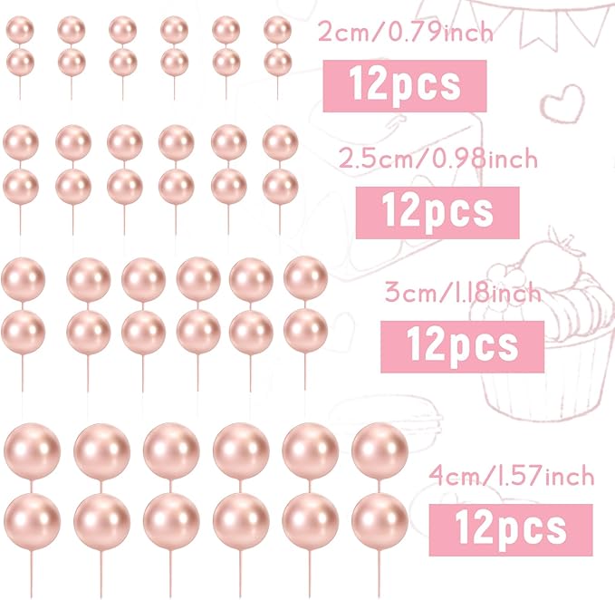 48 Pcs Balls Cake Topper Decorations Balloon Cupcake Toppers Foam Cake Topper Balls Cake Balls Decorations for Birthday Party Wedding Anniversary Cake Decorating (Rose Gold)