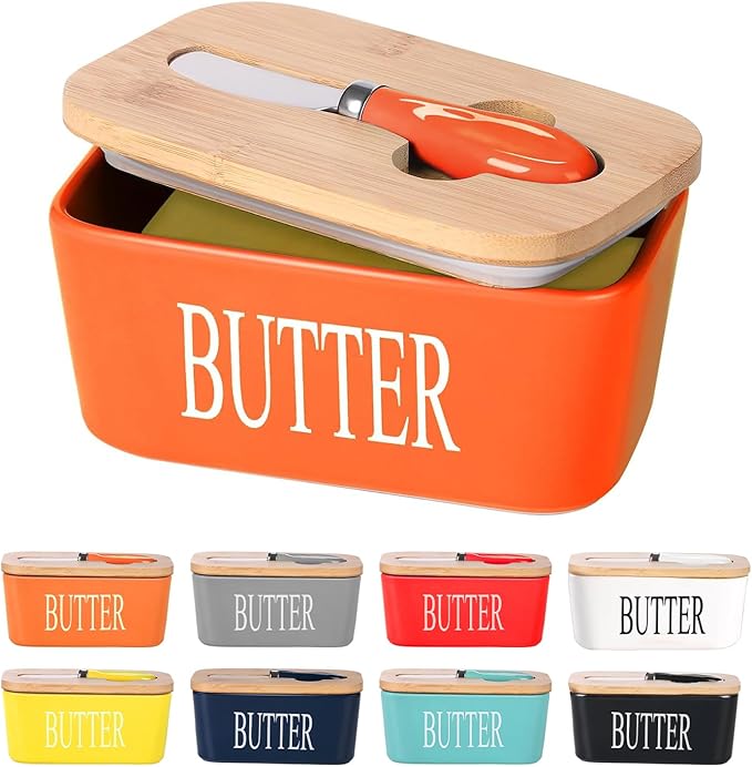 Ceramic Butter Dish with Wooden Lid, Large Butters Container Keeper Storage with Stainless Steel Knife Spreader, Bamboo Cover and Silicone Sealing Ring for West East Coast, Orange