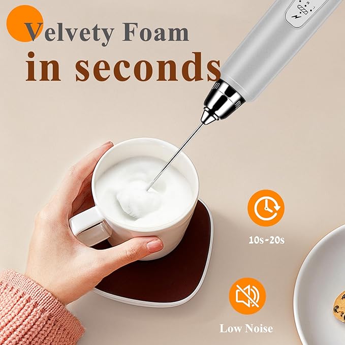 Milk Frother Handheld Rechargeable, Frother Wand Drink Mixer Electric Whisk for Coffee, Detachable With 3 Stainless Whisks, Hand Mixer for Lattes, Cappuccino, Matcha, Egg, No Stand, Silver