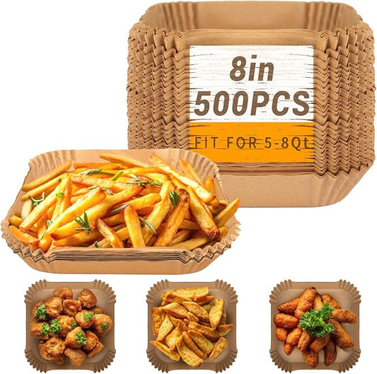 500Pcs Air Fryer Paper Liners, 8” Square Disposable Parchment Paper Liner for 5-8 QT Air Fryer, Non-Stick, Oil Proof Unbleached Airfryer for Baking, Roasting Microwave