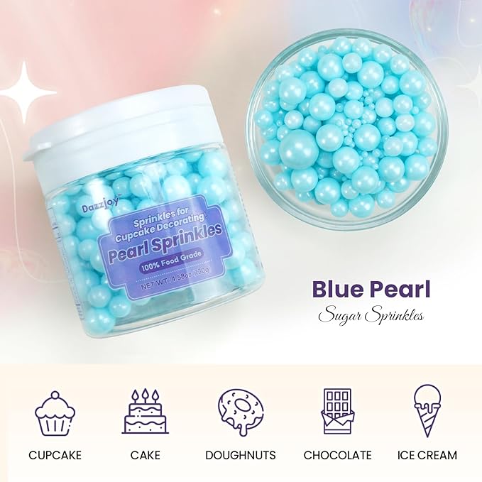 Dazzjoy Blue Edible Pearl, Edible Pearls Sugar Sprinkles, 130g/4.58oz, Blue Pearls Sprinkles for Cake Decorating, Cupcake Toppers