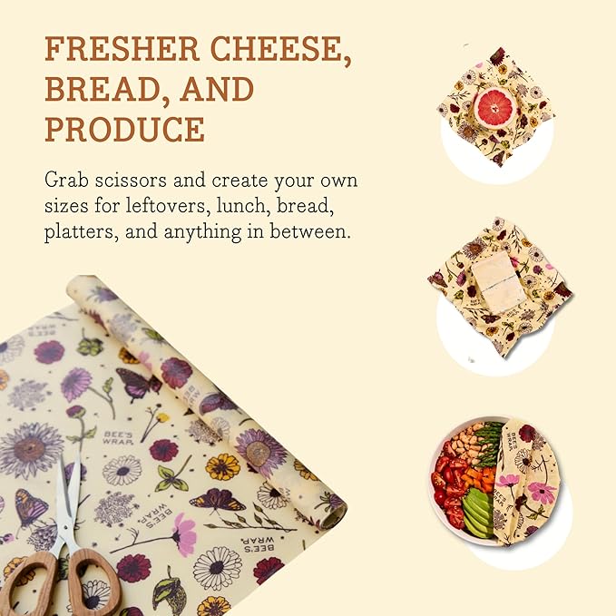 Bee's Wrap Vegan Beeswax Wraps for Food - Meadow Magic Cut to Size 14x52" Wax Paper Roll, Made in USA Reusable Waxed Paper & Bowl Covers, Organic Eco-Friendly Alternative to Aluminum Foil Plastic Wrap