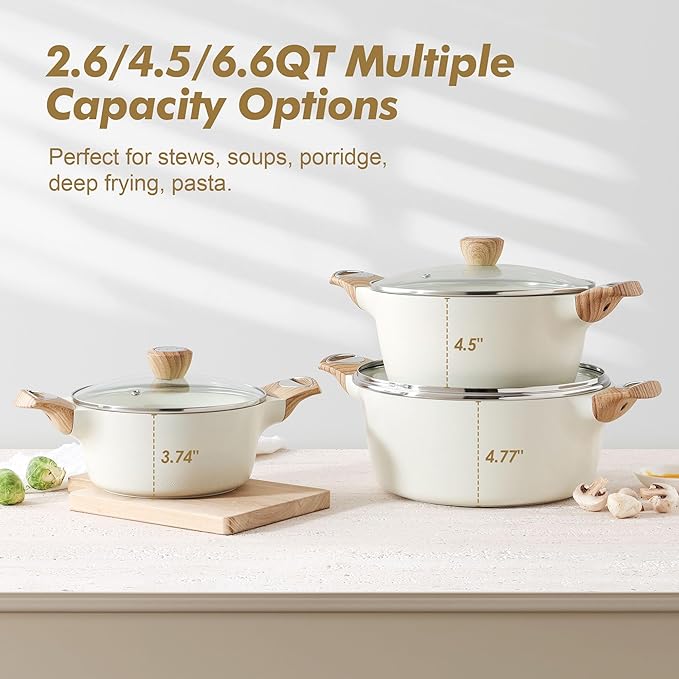 SENSARTE Ceramic Nonstick Stock Pot with Lid, 2.6/4.5/6.6 QT Soup Pot Casserole Pot, Non-toxic Healthy Pasta Pot, Large Cooking Pot Stew Pot, Induction Compatible, PFOA PFAS PTFE Free, White