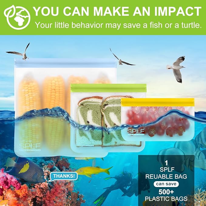 SPLF 12 Pack Dishwasher Safe Reusable Bags Silicone, Leakproof Reusable Freezer Bags, BPA Free Reusable Storage Bags for Lunch Marinate Food Travel - 2 Gallon 5 Sandwich 5 Snack Bags