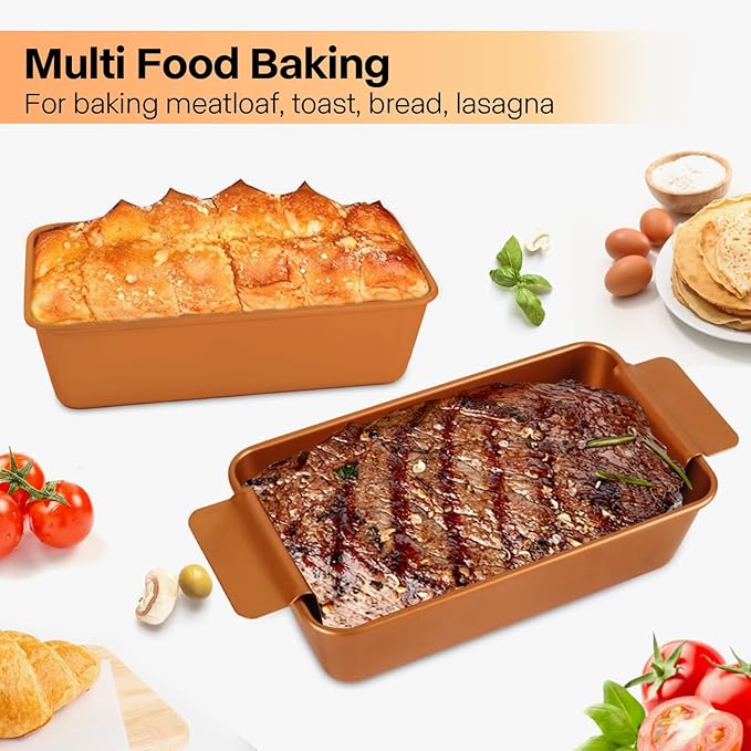Gold Meatloaf Pan with Drain Tray, Non Stick loaf Pan Set of 2, Heavy Duty 9.8x5.7 Inch Meat loaf Pan with Insert Drip Rack, for Baking Bread and Healthy Meatloaf