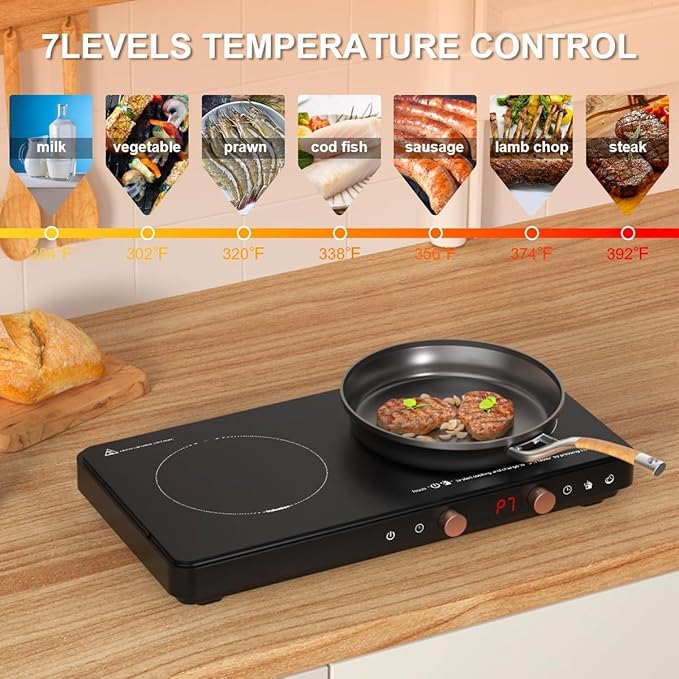 Portable Double Induction Cooktop with Removable Non-Stick Cast Iron Griddle Pan, 2 Burner Electric Stove with Timer & Digital Temperature Control, Black