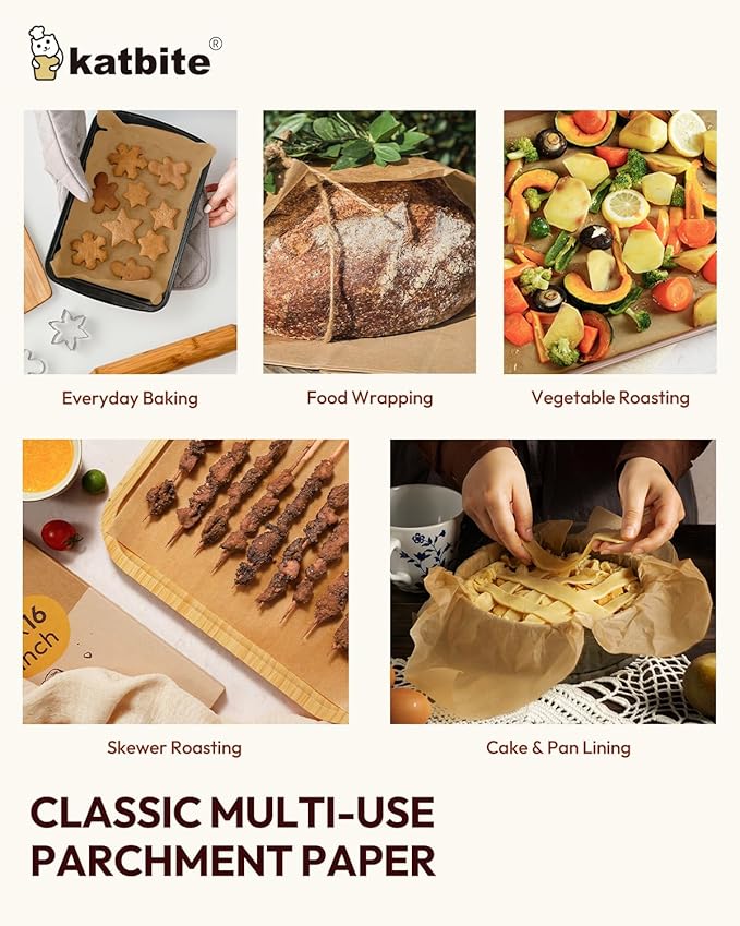 Katbite 220 Pcs Parchment Paper Sheets, 12x16 Inches Unbleached Baking Paper Non-Stick for Gently Baking, Pre-cut Parchment Paper Suitable for Baking, Cooking,Air Fryer [Balanced Series]