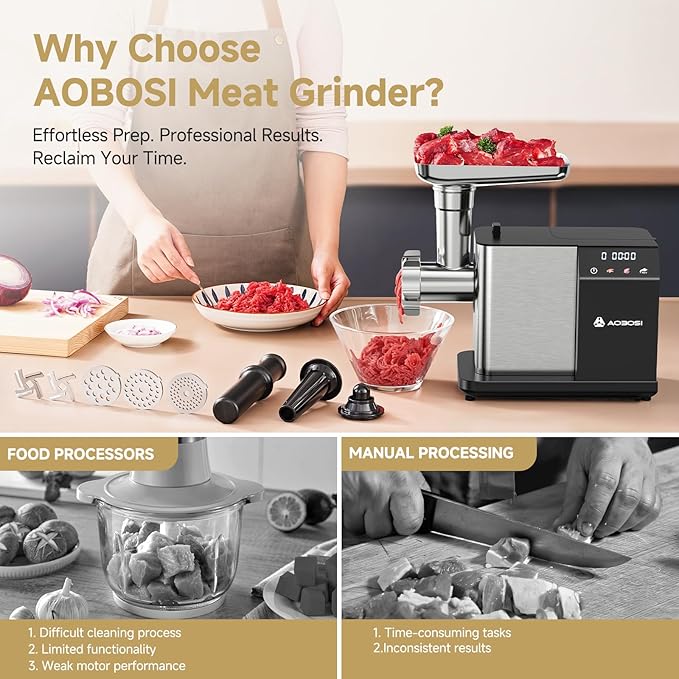 AAOBOSI Meat Grinder Electric 3000W Max with Touch Color Screen, Auto-Reverse & Built-in Storage - 3 Speed Settings,Grinding, Sausage & Kibbe Making for Home Use, Stainless Steel