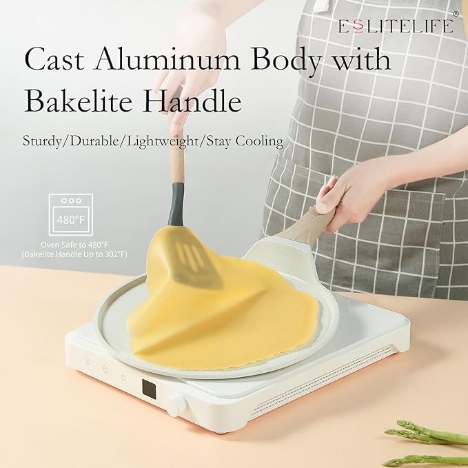 ESLITE LIFE 9.5 Inch Crepe Pan with Spreader, Nonstick Ceramic Flat Skillet Dosa Tawa Comales Para Tortillas Pancake Pan, PTFE & PFOA Free, White