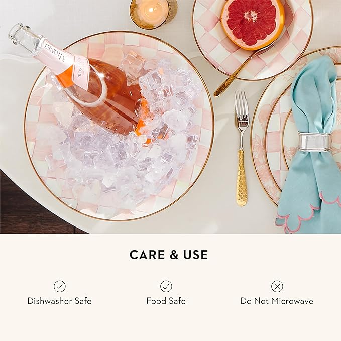 MACKENZIE-CHILDS Enamel Serving Bowl, Enamel Serveware Bowl, 12 Inches, Pink-and-White Rosy Check