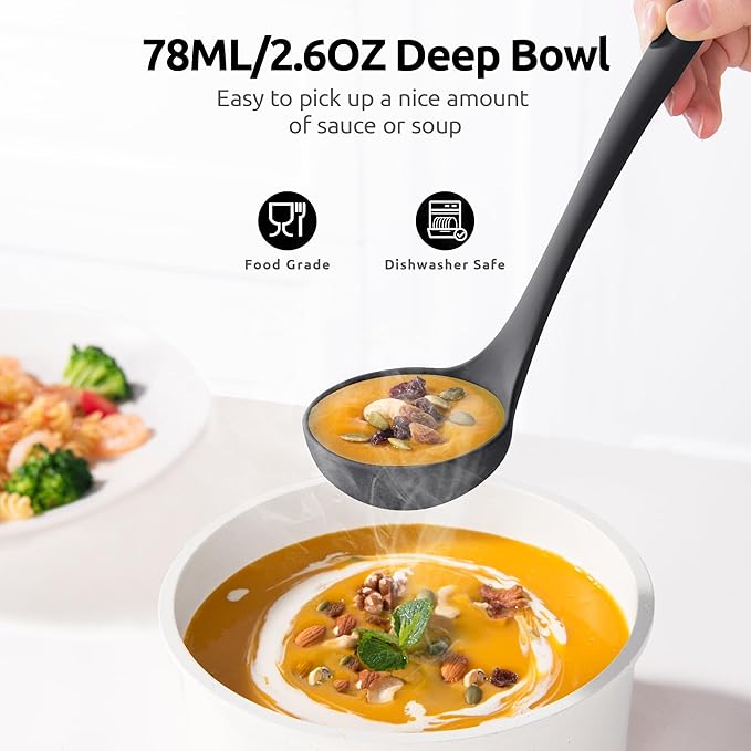 2.6oz Small Silicone Soup Ladle: U-Taste 600ºF Heat Resistant Non-Stick Kitchen Deep Serving Spoon, Soft Cooking Utensil with Non-Slip Solid Handle for Mixing Sauce Stew Gravy (11in, Black)