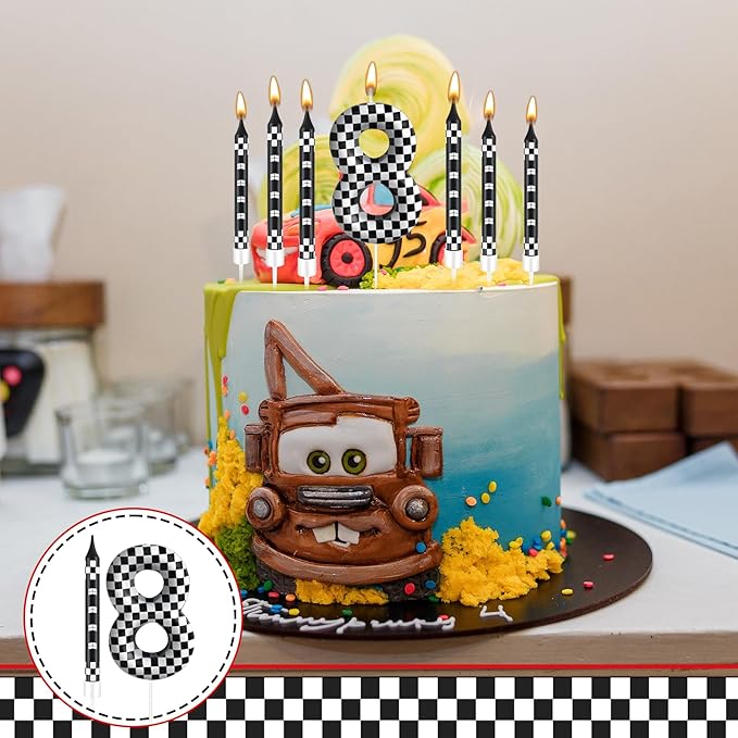 13 Pcs Racing Cars Themed Birthday Candles Black and White Race Number 8 Checkered Candle Cake Topper for Racing Car Party Decoration Supplies (Number 8)