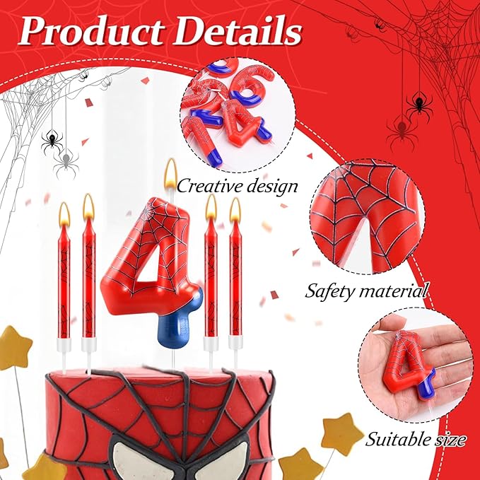 13 Pcs Spider Themed Birthday Candle Set Red Spider Theme Number 4 Candle Cake Topper for Boys Girls Birthday Decoration Spider Party Decoration Supplies (Number 4)