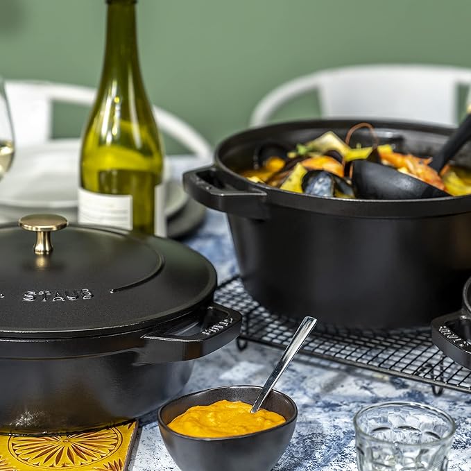 STAUB Cast Iron Set 4-pc, Stackable Space-Saving Cookware Set, Dutch Oven, Skillet, Grill Pan with Universal Lid, Made in France, Matte Black