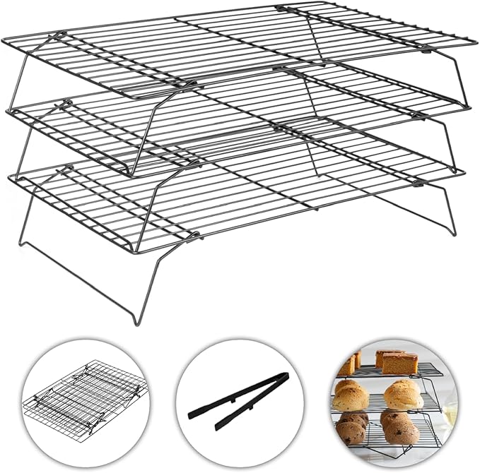 3-Tier Cooling Racks for Cooking and Baking - 13" x 9.6" Stackable Heavy Duty Stainless Steel Wire Rack for Baking, Grilling, Roasting - Oven & Dishwasher Safe - Black