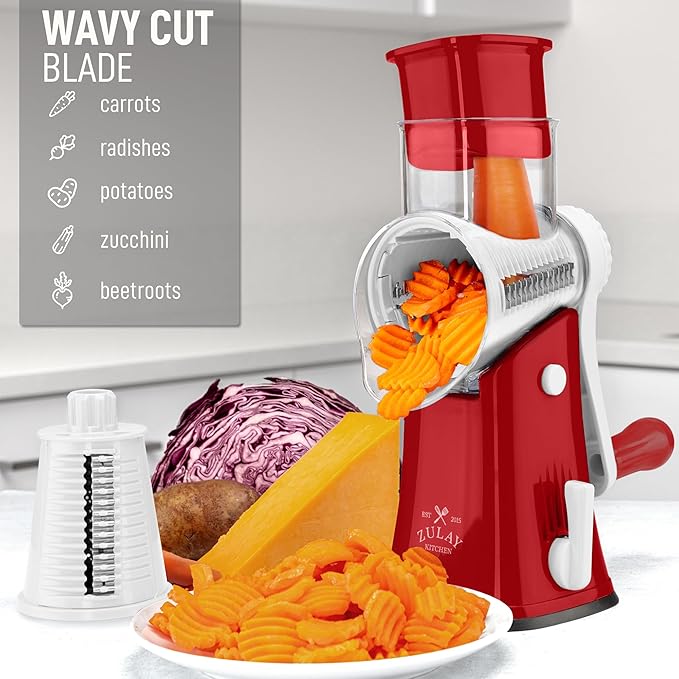 Zulay Kitchen Rotary Cheese Grater 5 Blade Cheese Shredder - Manual Hand Crank Cheese Grater With Reinforced Suction & 5 Interchangeable Drums - Easy to Use, Vegetable Chopper Round Mandoline Slicer