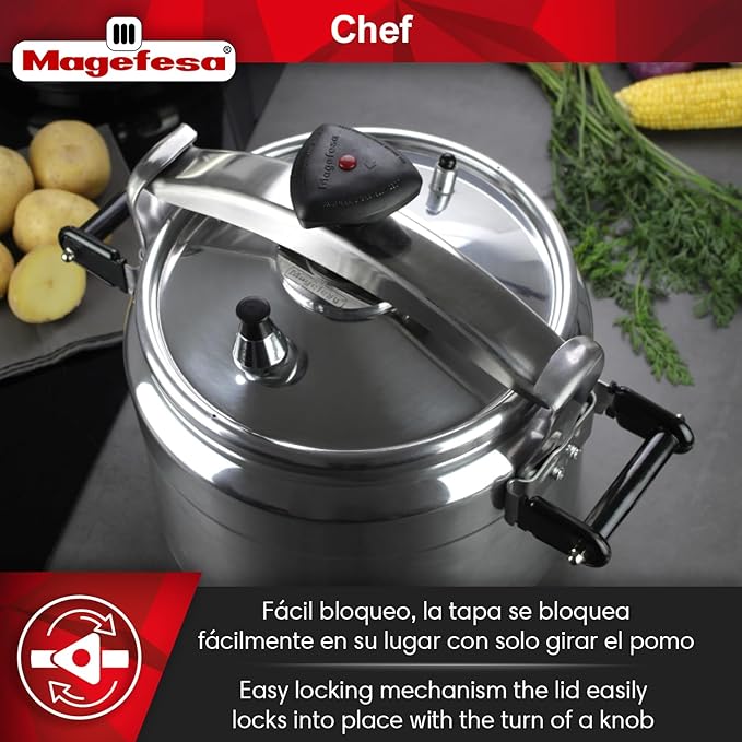 MAGEFESA Chef 23-Quart Aluminum Pressure Cooker – Stainless Steel Lid, Thermodiffusion Base, 3 Safety Systems, Fast & Even Cooking