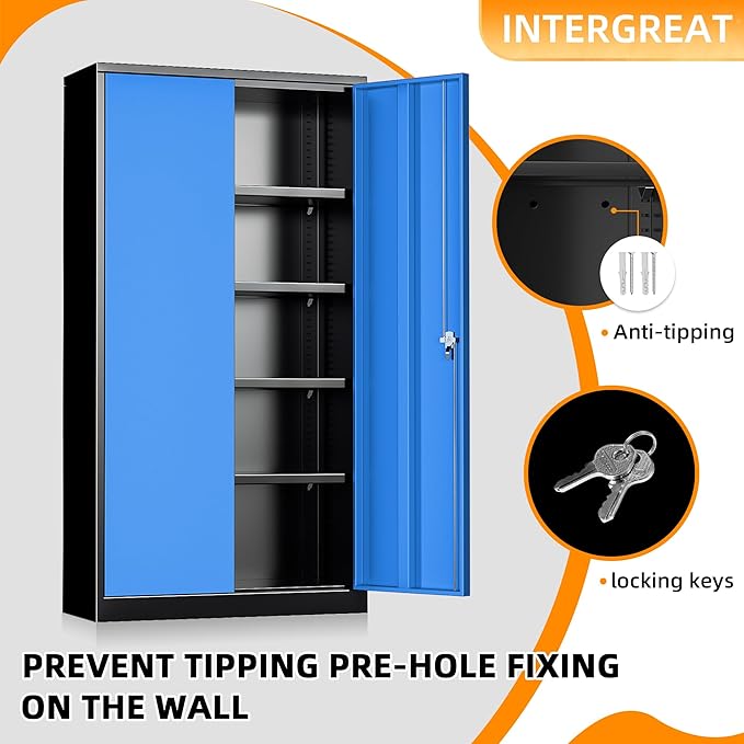 INTERGREAT Metal Storage Cabinets 72” Black Blue Garage Steel Storage Cabinet with Doors and Shelves, Steel File Cabinet for Home Office, Basement, Warehouse, Classroom（Anti Tipping）