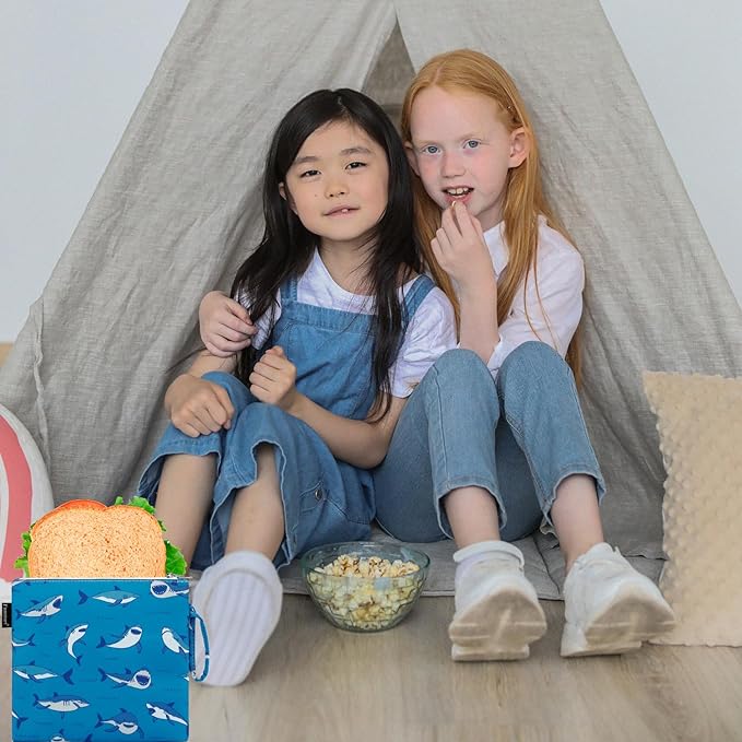 Reusable Sandwich Bag/Snack Bag for Kids & Adults, Dual Layer Lunch Bag with Handle, Cosmetic Bag Makeup Travel Bag for Women Girls, Washable, Food Safe, BPA Free (1-Pack, Shark)