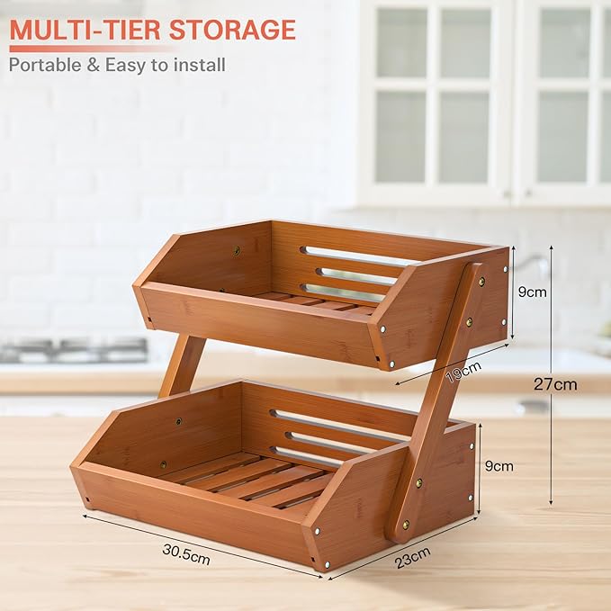 G.a HOMEFAVOR Fruit Basket for Kitchen, 2-Tier Fruit Bowl for Kitchen Counter, Vegetable Storage Stand for Fruit Shop, 15 mm Thickness, Brown