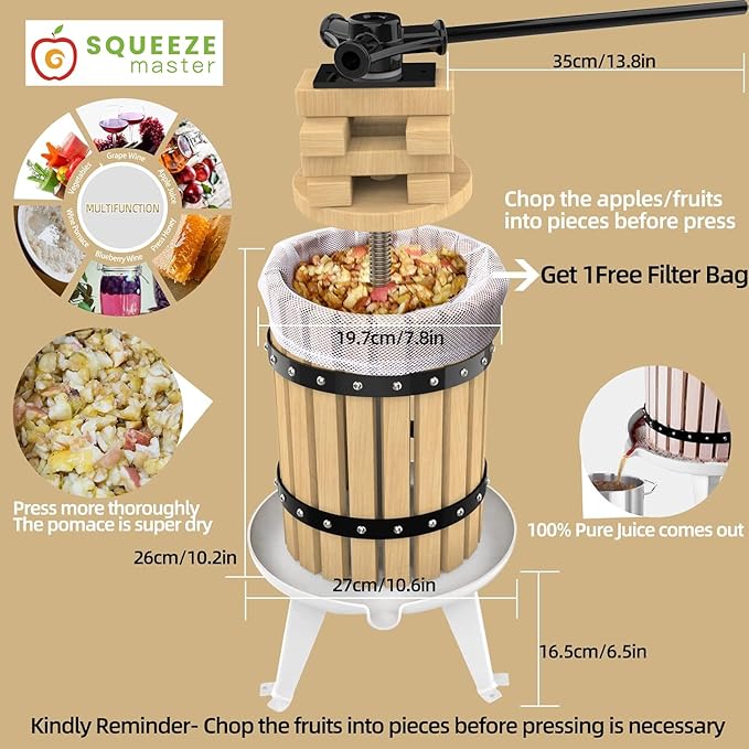 SQUEEZE master Fruit Press- 1.6 Gallon/6L-Solid Wood Basket Wine Press-Vintage traditional juicer-6 Press Wooden Blocks-Pole Handle Bar for Juice,Wine,Cider-1 free filter bag included