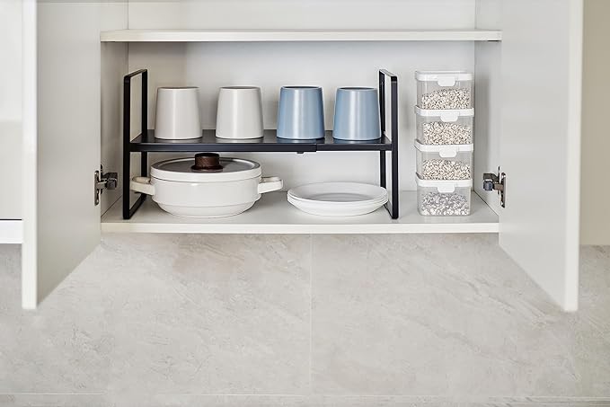 Nxconsu Cabinet Shelf Expandable Height Adjustable Shelf Organizer Riser for Kitchen Cabinet Pantry Cupboard Under Sink Countertop Organization Storage Space Saver Stackable Heavy Duty Metal Black XXL