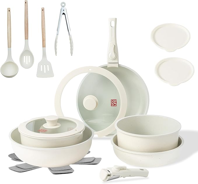 UCClife 17-Piece Nonstick Cookware Set, Family Kitchen Pots & Pans with Removable Handles, Oven & Dishwasher Safe, PFAS-Free for Everyday Cooking