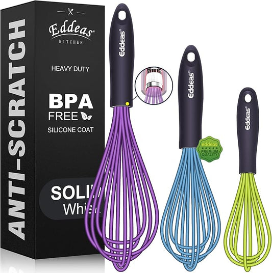 Silicone Whisk, 500°F Heat Resistant Non Scratch Coated Whisks for Cooking Baking Balloon wisk, Kitchen Whisk Tool Set, for Stirring, Beating & Blending of 3 Size 7.5"+ 9" +11 inch