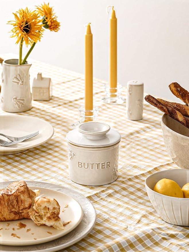 LE TAUCI Butter Crock, Butter Dish with Lid, Butter Container for Counter with Water Line, Embossed French Butter Keeper for Spreadable Butter, Suit For Housewarming - Set of 1, Arctic White, Bee