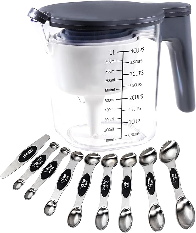 19 Pieces Measuring Cups and Spoons set, Includes 10 Stackable Measuring Cup with Lid and 9 Magnetic Measuring Spoons, Tablespoon for Liquid and Dry, BPA Free, Dishwasher Safe (Black)