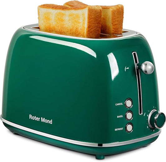 2 Slice Toaster Retro Stainless Steel with Bagel, Cancel, and Defrost Functions, 6 Bread Shade Settings, Extra Wide Slots and Removable Crumb Tray, Green