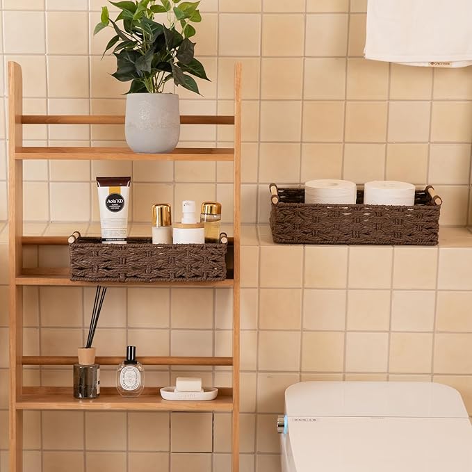 OIAHOMY Toilet Paper Baskets Handmade Paper Rope Decorative Wicker Storage Tank Shelf Cabinet Organizer for Bathroom Home, Set of 2, Brown