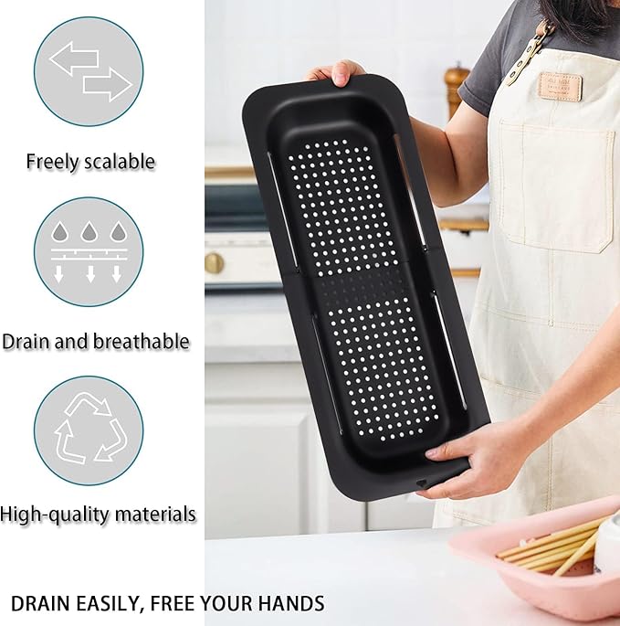 KesaPlan Collapsible Sink Colanders and Strainers Basket Extendable Plastic Fruit Vegetable Strainer Drainer Basket for Kitchen (Length 13.6 inch-18.7 inch) (black)