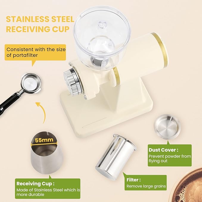 Electric Coffee Grinder Burr Espresso Coffee Bean Grinder Small Automatic Stainless Steel Coffee Mill With Brush, Creamy White