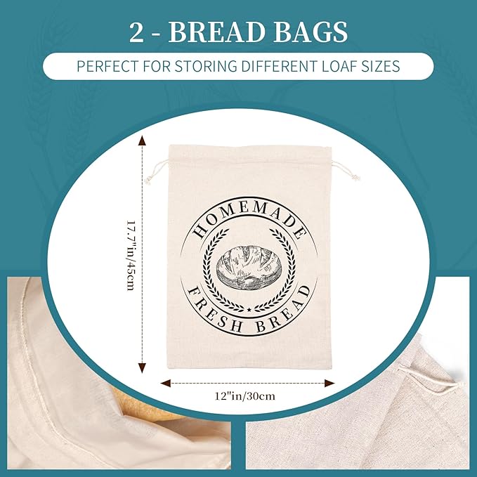 Reusable Bread Bags for Sourdough, Bannetons Reusable Cotton Drawstring Bag, Set of 2,Pretty Bags for Storing Flour and Bread