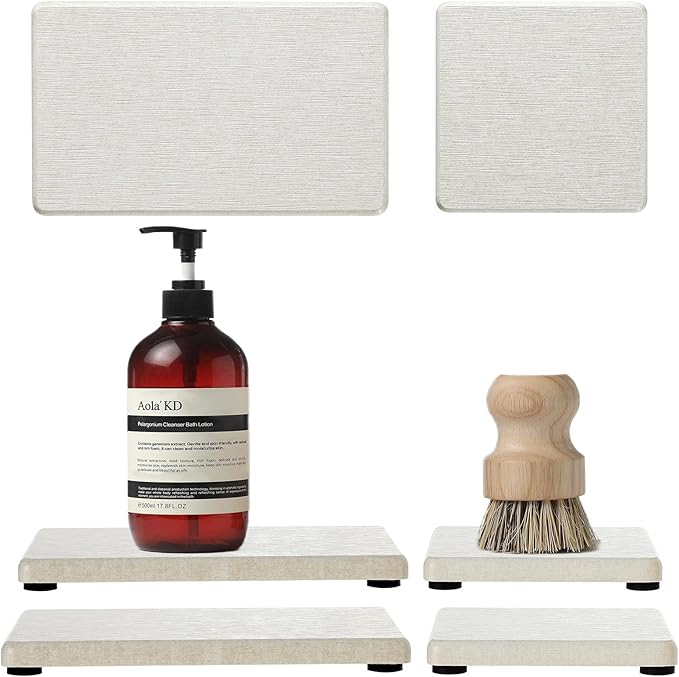4PCS Bathroom Sink Vanity Trays, Diatomaceous Earth Quick Stone Drying Mat Kitchen Counter Dish Soap Dispenser Sponge Holder, Water Absorbing Caddy Organizer for Bottle & Cup, Beige