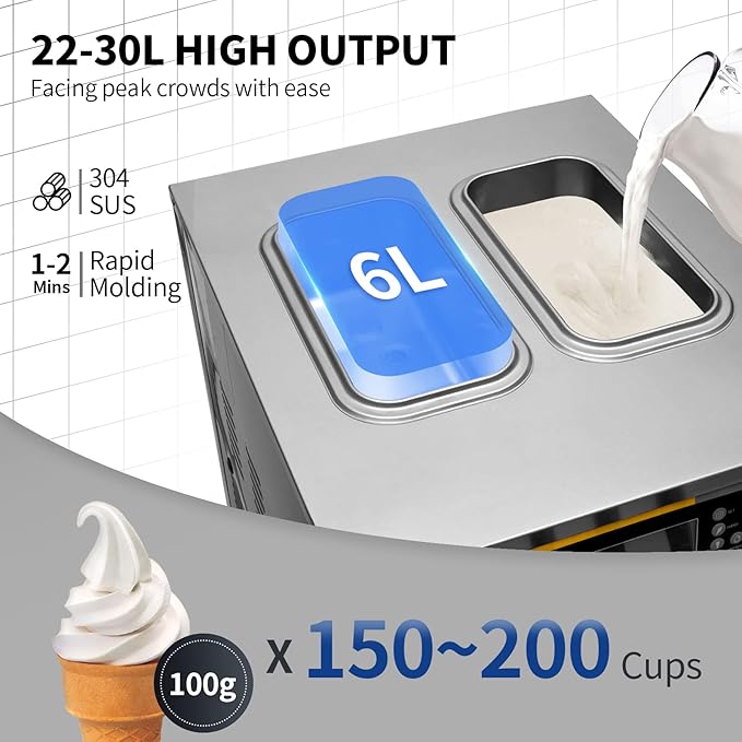 VEVOR Commercial Ice Cream Maker, 22-30L/H Yield, 2350W Countertop Soft Serve Machine with 2x6L Hopper 2L Cylinder LCD Panel Puffing Shortage Alarm, Frozen Yogurt Maker for Restaurant Snack Bar, Silve