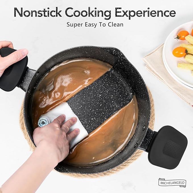 MICHELANGELO Pasta Pot with Strainer Lid, 6 Quart Cooking Pot with Twist and Lock Handles, Soup Pot with Nonstick Granite Coating, Spaghetti Pot Induction Compatible, Black