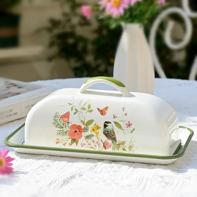 Enamel Butter Dish with Lid Vintage Enamelware Butter Keeper with Flower and Bird Patterns Farmhouse Butter Container Butter holder for Countertop Kitchen Decor