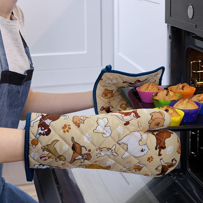 Dogs Oven Mitts and Pot Holders Sets 4Pcs, 100% Cotton Heat Resistant, Extra Long Oven Gloves Potholder for Kitchen Cooking Baking Housewarming