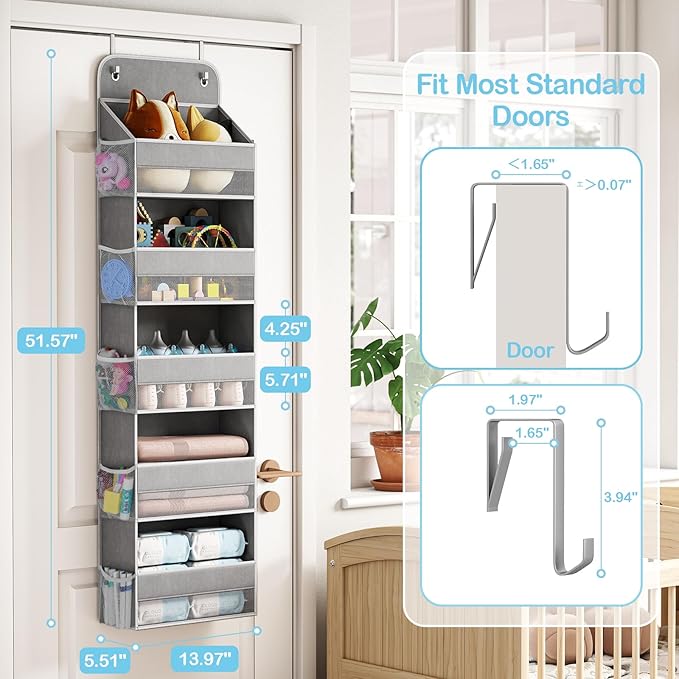 LAMU 2 Pack Over The Door Organizer Hanging with 5 Large Pockets and 10 Mesh Pockets, 44lb Over The Door Storage for Closet, Nursery and Bathroom, Behind The Door Storage with Clothes and Toys, Gray