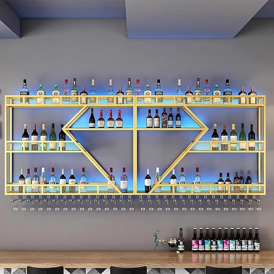 Metal Wine Rack Wall Mounted, Modern Wine Storage Rack Wall Mounted with Wine Glass Holder, Liquor Shelf, Bar Shelves for Liquor Bottles (3TIERS Gold, 78.7 * 7.87 * 33.85INCH)