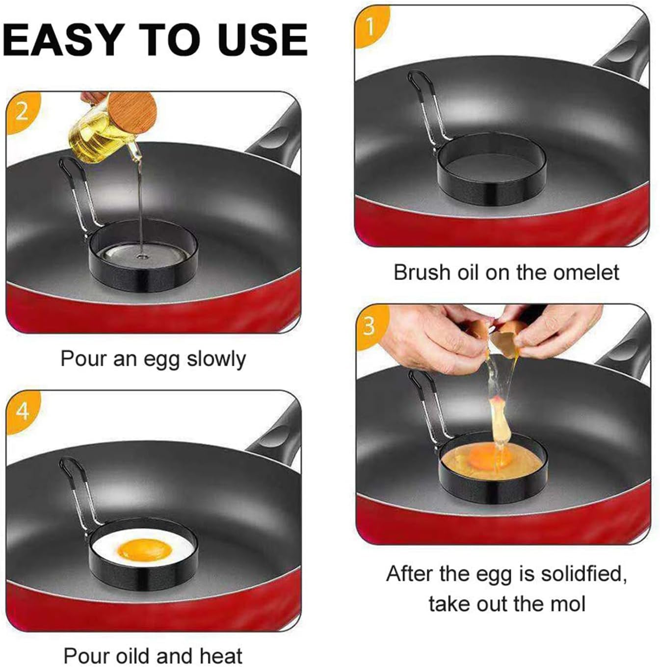 4 Pack Stainless Steel Egg Ring Molds With Non Stick Metal Mold Shaper Circles For Fried Egg McMuffin Sandwiches,Frying Or Shaping Eggs,Breakfast Household Kitchen Cooking Tool Omelette