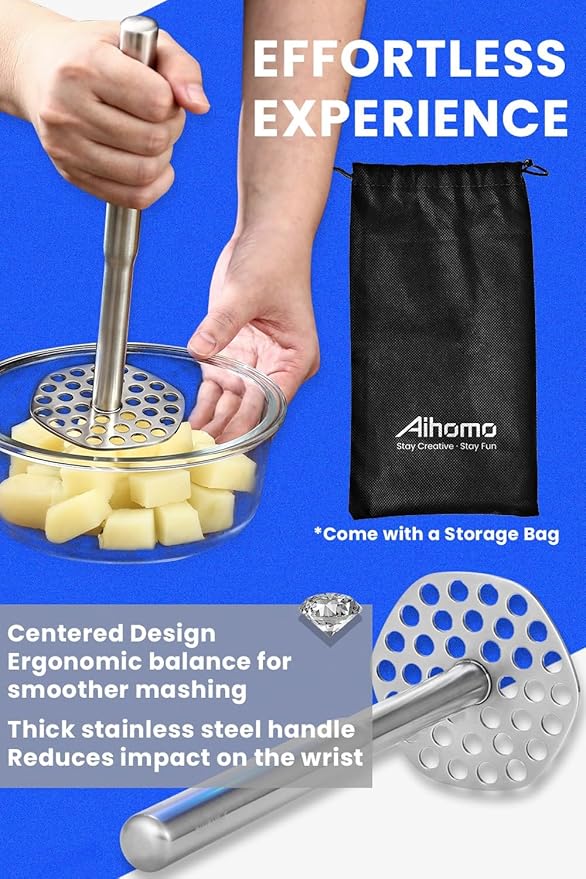 316L Stainless Steel Potato Masher Heavy Duty, Durable One-Piece Design Masher Kitchen Tool, Rustproof Potato Smasher for Mashing Potatoes, Beans, Avocados, Fruits & Vegetables, Dishwasher Safe