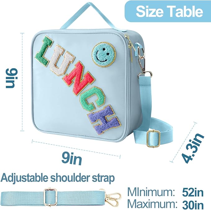 Insulated Lunch Bag With Adjustable Shoulder Strap, Nylon Preppy Lunch Box Large Insulated Lunch Bag Reusable Lunch Tote Bag with Smiley Preppy LunchBag for Girls School Travel Picnic (Blue)