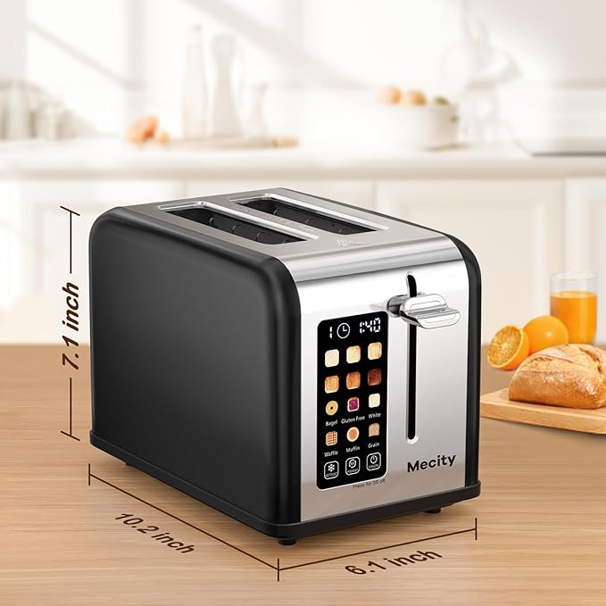 Mecity 2 Slice Touch Screen Toaster, 1.5" Wide Slot, Stainless Steel Smart Toaster for Bagels, Muffins, Waffles, Gluten-Free Breads, Defrost, Reheat, Timer, 120V 825W, Matt Black