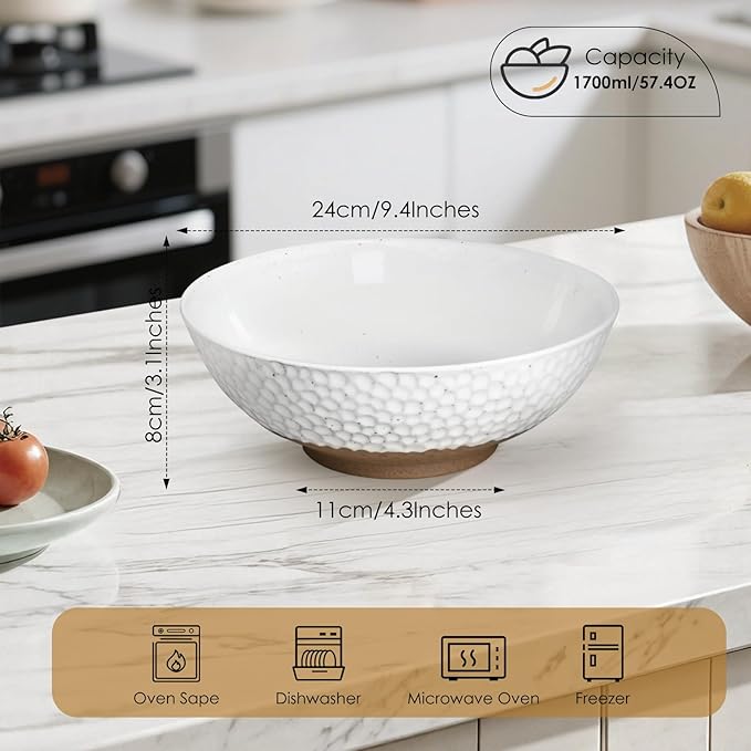 Wotalation Large White Ceramic Salad Serving Bowl - 9.4 Inch Party Bowl for Holidays, Fruit Bowl with Bamboo Utensils (57.4oz), Microwave & Dishwasher Safe