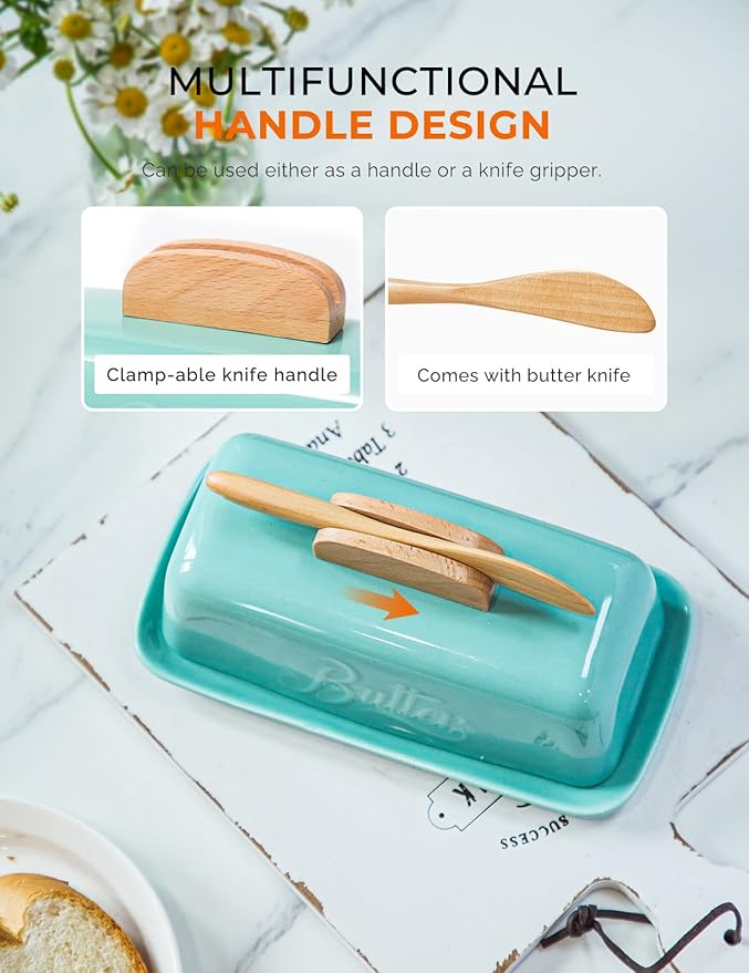 Butter Dish with Lid and Knife Ceramic Butter Holder for Counter Humanized Clamp-able Knife Handle Design, Perfect for East West Coast Butter, Skyblue