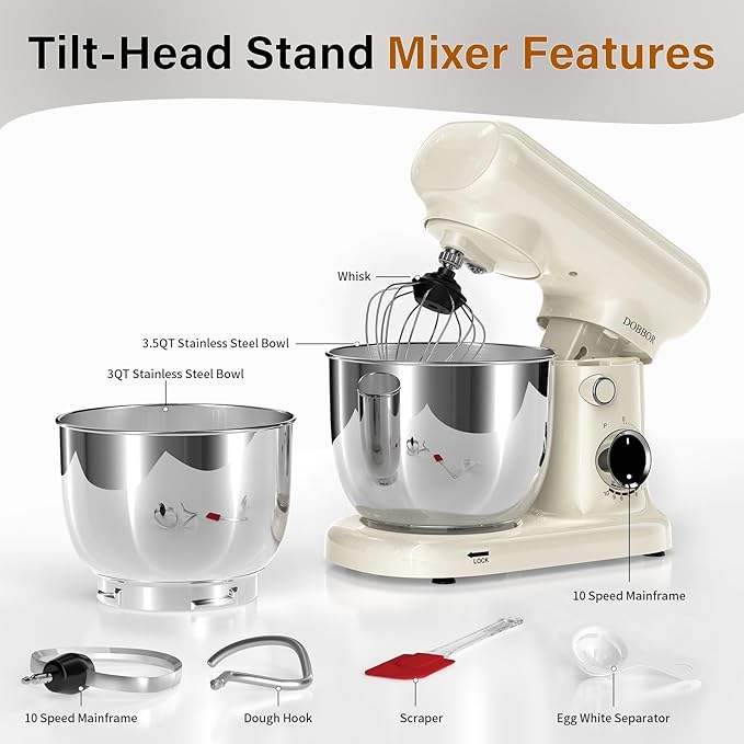 Stand Mixer with 3QT+3.5QT Dual Bowls, 10-Speed Electric 300W Food Mixer - Includes Egg Whisk, Dough Hook & Flat Beater for Home Baking & Daily Cooking (White)