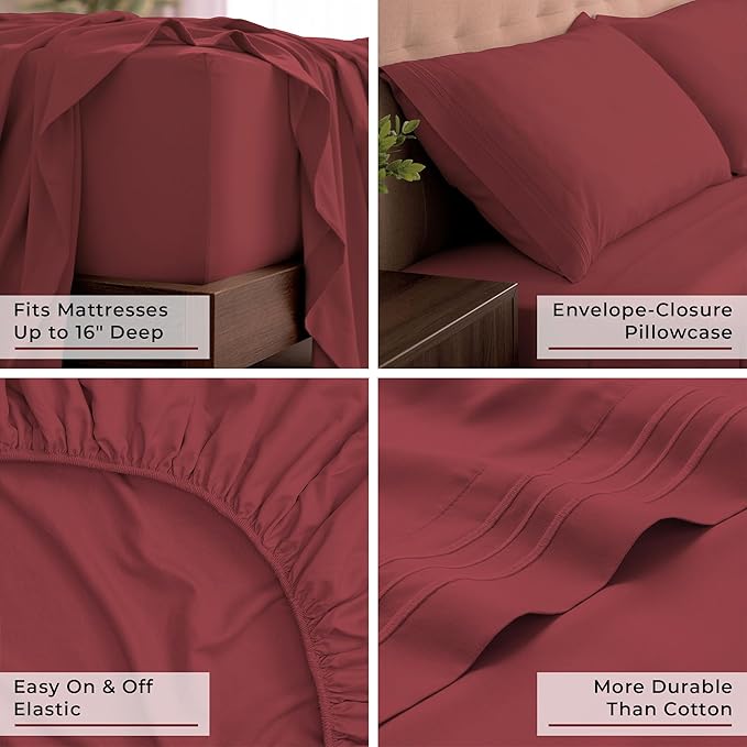 Mellanni California King Sheets Set - 4 PC Iconic Collection Bedding - Hotel Luxury, Extra Soft, Cooling Bed Sheets - Wrinkle, Fade, Stain Resistant (Cal King, Brick Red)